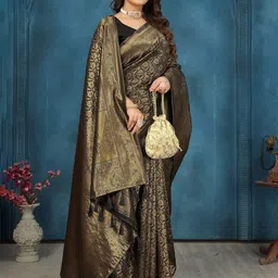 MORDEN MUSE Ethnic Motifs Woven Design Zari Banarasi Saree with Blouse Piece-picture-48