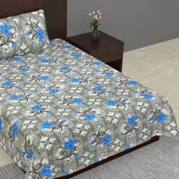 Salgia Grey & Blue Floral Printed 144 TC Single Bedsheet Sets-2.25 m x 1.45 m-30