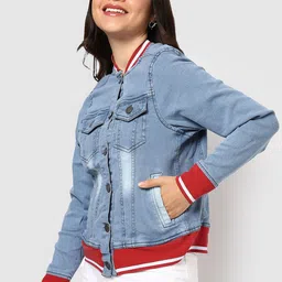 Campus Sutra Women Stand Collar Solid Lightweight Denim Cotton Jacket-picture-11