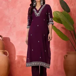Sangria Embroidered V-Neck Tunic With Trouser Co-Ords-image-92
