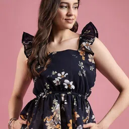 Jash Creation Floral Print Flutter Sleeve Applique Crepe Crop Top-picture-6