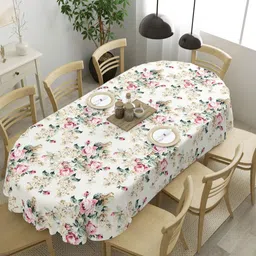 Clasiko Off White & Pink Floral Printed Anti-Skid Cotton 8-Seater Table Cover-5