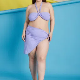 Curves By ZeroKaata Plus Size Halter Ribbed Beachwear Swim Bikini Set With Sarong-image-72