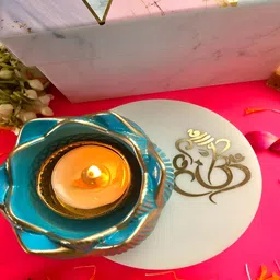 HOMEARTE White & Blue 2 Pieces Ganesha Choki With Candle Holder-picture-0