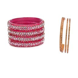 SOMIL Set Of 8 Pink & Gold Artificial Stones Beaded Glass Bangles-image-9
