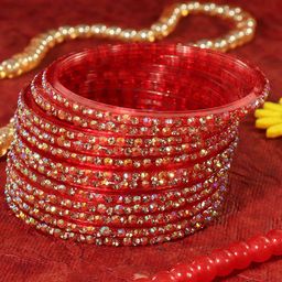 LAVAZZA Set Of 12 Zircon Diamond Stone & Beads Studded Glass Bangles-image-32