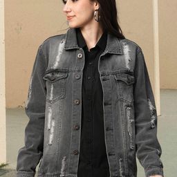 PRONK Women Washed Checked Cotton Longline Denim Jacket-image-60
