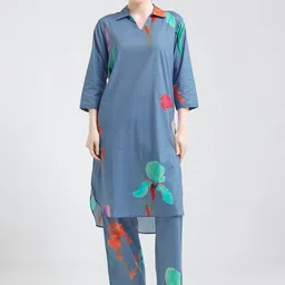 I like me Blue Floral Printed Pure Cotton Tunic With Trousers-image-52