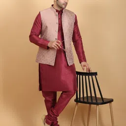 Ethluxis Mandarin Collar Jacquard Weave Straight Kurta with Churidar & Nehru jacket-picture-46
