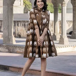 BAESD Women Graphic Printed Cotton Shirt Collar Fit & Flare Dress-image-88