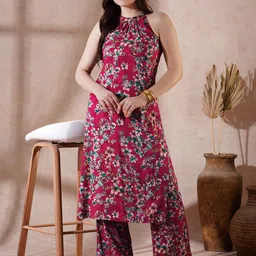 Globus Halter Neck All Over Floral Print Straight Kurta With Pants Fusion Set-19