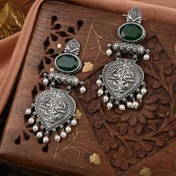 VENI 92.5 Silver Plated Artificial Stones Studded & Beaded Oxidised Oval Drop Earrings-picture-13