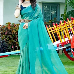 K 5 Fashion Organza Soild Two Tone Belted Saree With Unstitched Blouse Piece-image-98