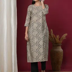 FASHOR Floral Printed Kantha Work Silk Straight Kurta-image-48