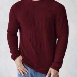 Men Striped Round Neck Maroon Sweater-image-20