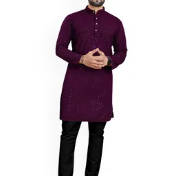 trustous Men Ethnic Motifs Embroidered Regular Sequinned Kurta with Pyjamas-7