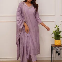 Lilots Women Floral Embroidered Regular Thread Work Kurta with Trousers & With Dupatta-image-12