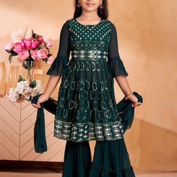 Muhuratam Girls Green Georgette Kurta Sets-image-126