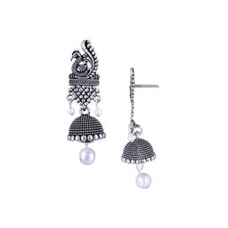 DIVASTRI Set Of 5 Silver-Plated Artificial Stones and Beaded Peacock Oxidized Jhumkas image 2