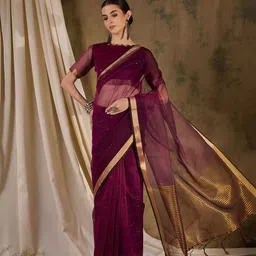 Mitera Striped Sequinned Organza Handloom Saree-image-95