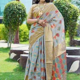 Areca Designer Ethnic Motifs Zari Linen Blend Banarasi Saree-image-48