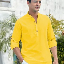 APEKTRA Band Collar Roll-Up Sleeves Cotton Slim Fit Short Kurta-image-60