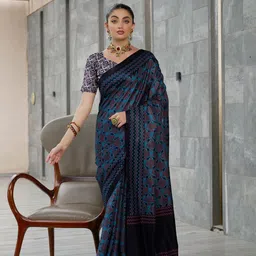 KAYOMMI Ajrak Block Pure Silk Block Print Saree-6