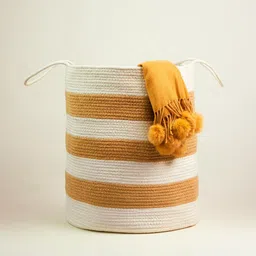 prettykrafts White & Brown Striped Pure Cotton Foldable Breathable Laundry Bag - 50 L-36