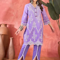 Sangria Schiffli Embroidered 100% Cotton Kurta With Dhoti Pants-image-17