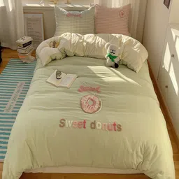 JC HOME Beige & Green 4 Pieces Self Design Single AC Room Bedding Set With Quilt-picture-22