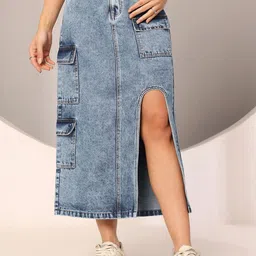 DOLCE CRUDO Wild Bouquet U Cut Cargo Straight Midi Denim Skirt-31