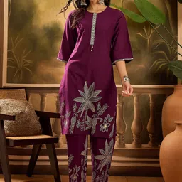 Sangria Floral Printed Pure Cotton Round Neck Straight Kurta With Palazzo-20
