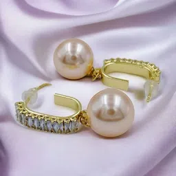 DressBerry Gold-Plated Cubic Zirconia And Pearls Beaded Contemporary Shaped Drop Earrings-image-67