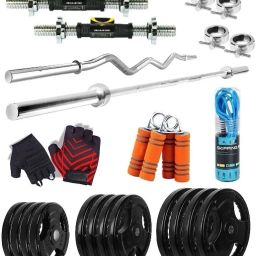 10 kg Metal Integrated Rubber Plates Three Cut 5FT Curl & 5FT Straight 28mm rods Home Gym Combo-50