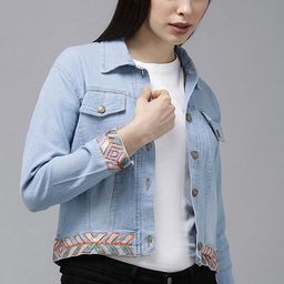 Kaali Peeli Women Washed Crop Outdoor Denim Jacket with Patchwork-41