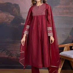 House of Pataudi Embroidered Sequinned Chanderi Cotton A-Line Kurta And With Dupatta-41