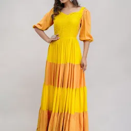 Jaipurite Sweetheart Neck Puff Sleeves Fit And Flare Ethnic Dress-picture-33