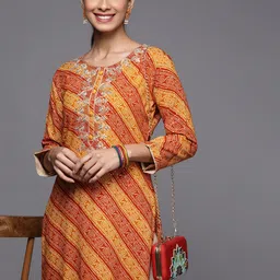 KSUT Bandhani Printed Sequinned Work Round Neck Straight Kurta-image-11