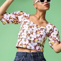 MILOST Women Floral Printed Layered Square Neck Crop Fitted Top-picture-26