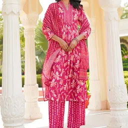 AHIKA Floral Printed V-Neck A-Line Kurta With Palazzos & Dupatta-3