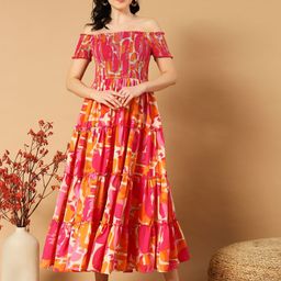OTABU Floral Print Off-Shoulder Applique Crepe Formal A-Line Midi Dress-image-40