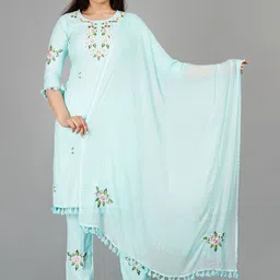 rf clothes Floral Embroidered Round Neck Straight Kurta With Trousers & Dupatta-image-16