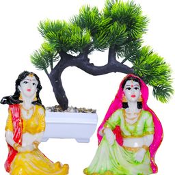 Aura White &Pink 3 Pieces Rajasthani Figurine Showpiece With & Bonsai Artifical Plant-picture-2