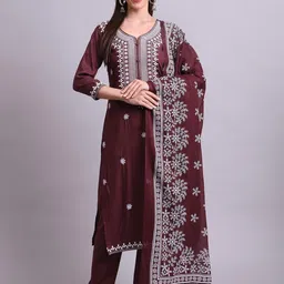 Angkor Women Brown Floral Embroidered Cotton Kurta With Trousers & Dupatta Set-picture-20