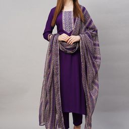 GoSriKi Women Floral Yoke Design Regular Thread Work Kurta with Trousers & With Dupatta-38