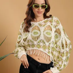 Kotty Women Self Design Crochet Crop Cotton Top-image-88