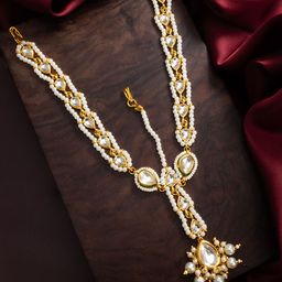 aadita Gold-Plated Kundan Stones Studded And Pearls Beaded Maang Tikka-11