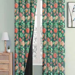 Cloth Fusion Green & Orange Set of 2 Floral Room Darkening Window Curtain-image-81