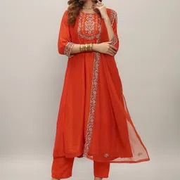 THE52 Ethnic Motifs Embroidered Georgette Thread Work Kurta With Trousers & Dupatta-picture-4