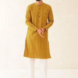 JAYPORE Striped Woven Design Band Collar Cotton Straight Kurta-image-96